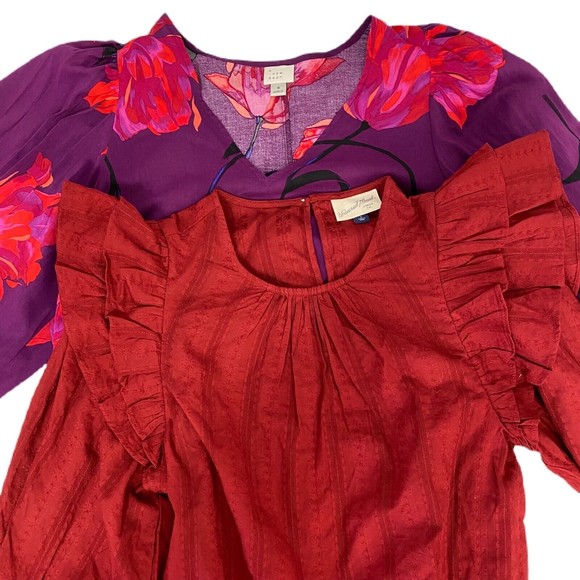 Lot of 2 Womens Tops Small Floral V Neck Poof Sleeve Ruffle Round Purple Red - Picture 10 of 12
